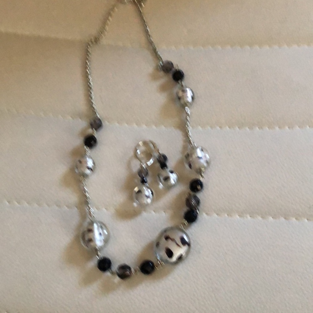 Vintage necklace with black gray and clear spotted beads silver and earrings